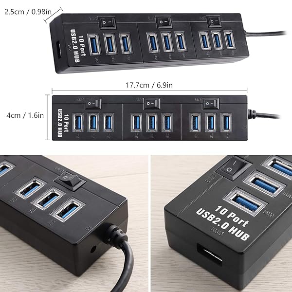 PASOW Pasow 10 Port High Speed USB 2.0 Hub with Power Adapter and Control Switches for Efficient Connectivity Black - View 5 of 8