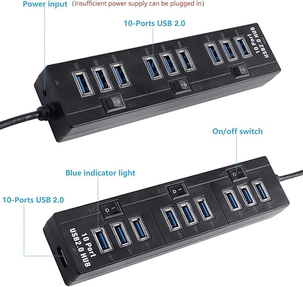 PASOW Pasow 10 Port High Speed USB 2.0 Hub with Power Adapter and Control Switches for Efficient Connectivity Black - View 6 of 8