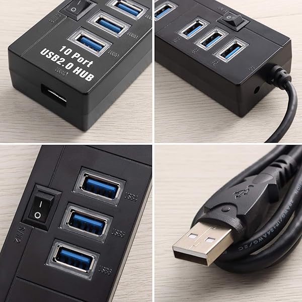 PASOW Pasow 10 Port High Speed USB 2.0 Hub with Power Adapter and Control Switches for Efficient Connectivity Black - View 7 of 8