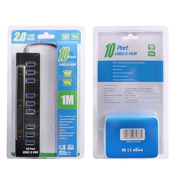 PASOW Pasow 10 Port High Speed USB 2.0 Hub with Power Adapter and Control Switches for Efficient Connectivity Black - View 8 of 8