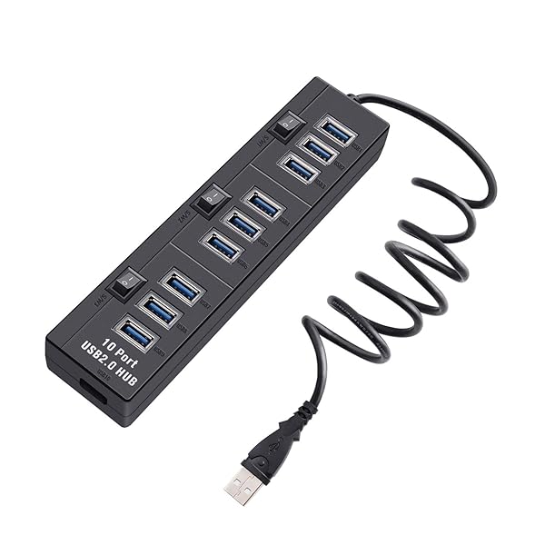 PASOW Pasow 10 Port High Speed USB 2.0 Hub with Power Adapter and Control Switches for Efficient Connectivity Black - View 2 of 8