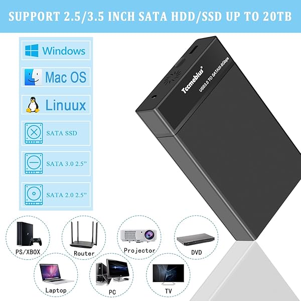 Tccmebius Tccmebius USB 3.0 External Hard Drive Enclosure for 2.5/3.5 Inch HDD/SSD - 16TB, UASP, Tool-Free Setup - View 6 of 9