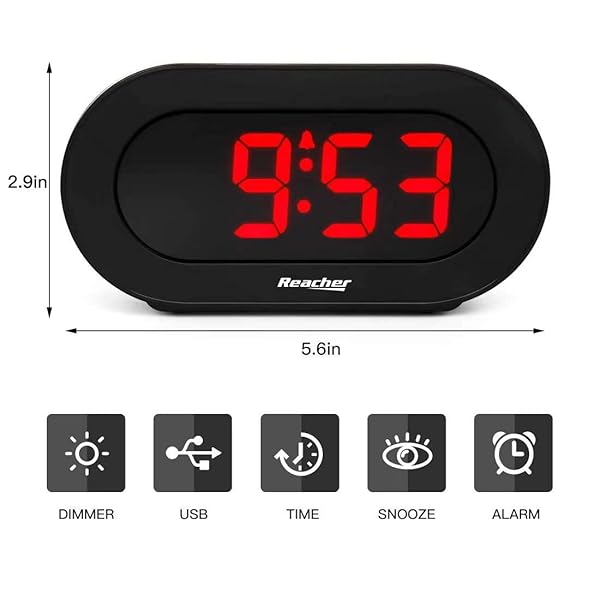 REACHER REACHER Small LED Digital Alarm Clock with USB Charger Adjustable Volume Easy Snooze Full Brightness Dimmer for Bedrooms Black - View 6 of 7