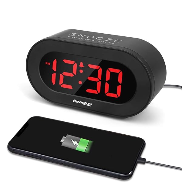 REACHER REACHER Small LED Digital Alarm Clock with USB Charger Adjustable Volume Easy Snooze Full Brightness Dimmer for Bedrooms Black - View 2 of 7