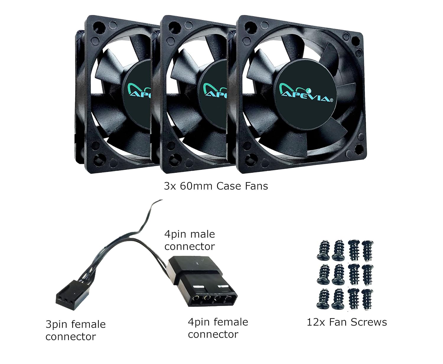 Apevia Apevia CF6025S-3 Black Case Fan 60mm 3 Pack with 4PIN Molex and 3PIN Motherboard Adapter for Efficient Cooling - View 4 of 9