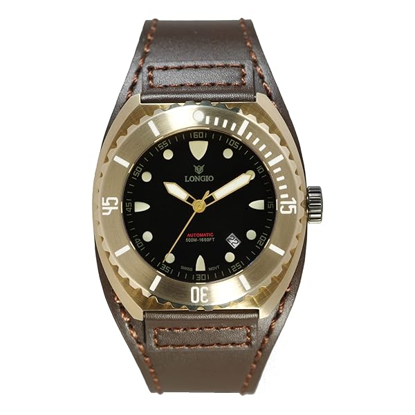 LONGIO Bronze Dive Watch Longio Zhuke 500m Swiss Automatic Divers Watch for Men with He-Valve Sapphire Leather and Rubber Strap