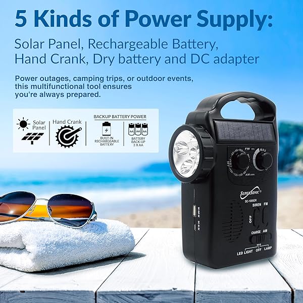 Supersonic Supersonic SC-1095ER: Ultimate Emergency Solar/Hand Crank Radio with Flashlight & Phone Charger - View 3 of 9