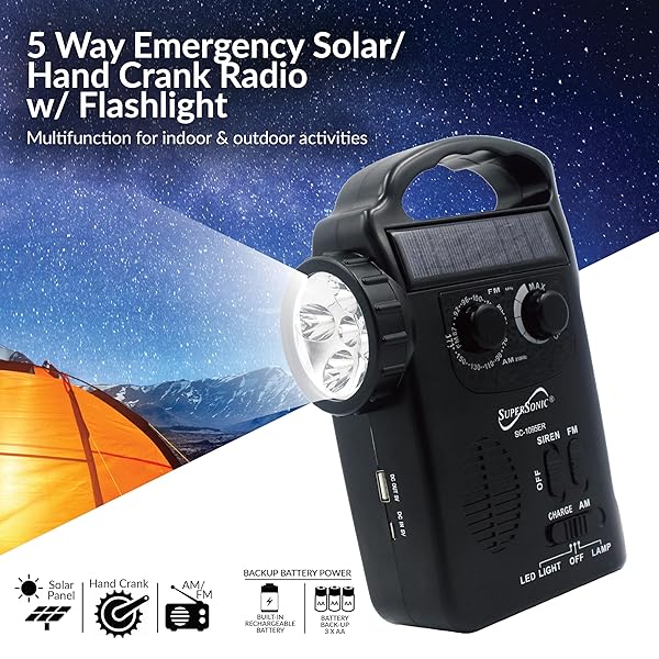 Supersonic Supersonic SC-1095ER: Ultimate Emergency Solar/Hand Crank Radio with Flashlight & Phone Charger - View 6 of 9