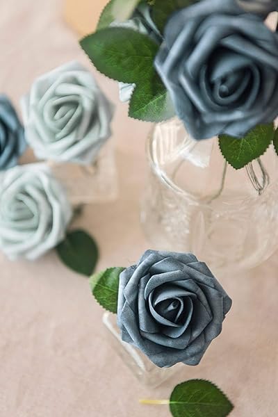 Ling's moment Ling's Moment 50Pcs Dusty Blue Navy Roses Real Touch Foam Flowers for Wedding Bouquets Centerpieces and Home Decor - View 4 of 9