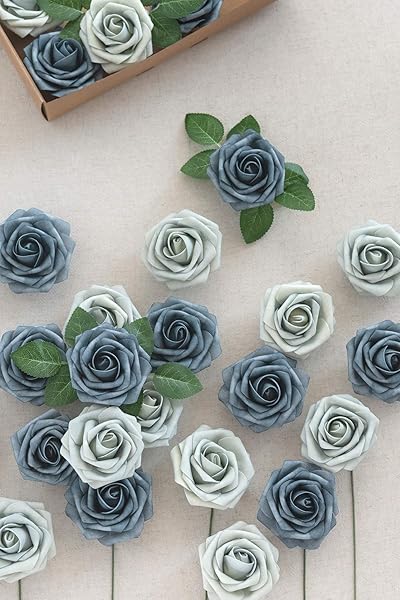 Ling's moment Ling's Moment 50Pcs Dusty Blue Navy Roses Real Touch Foam Flowers for Wedding Bouquets Centerpieces and Home Decor - View 8 of 9