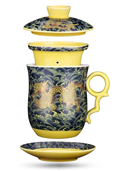 YURROAD YURROAD Dark Green Chinese Dragon Tea Mug with Strainer & Lid - 13.5oz Ceramic Cup for Perfect Brewing