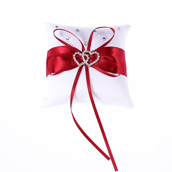 VOSAREA Elegant Double Heart Wedding Ring Pillow - White & Red Bridal Ring Bearer Cushion 10x10cm