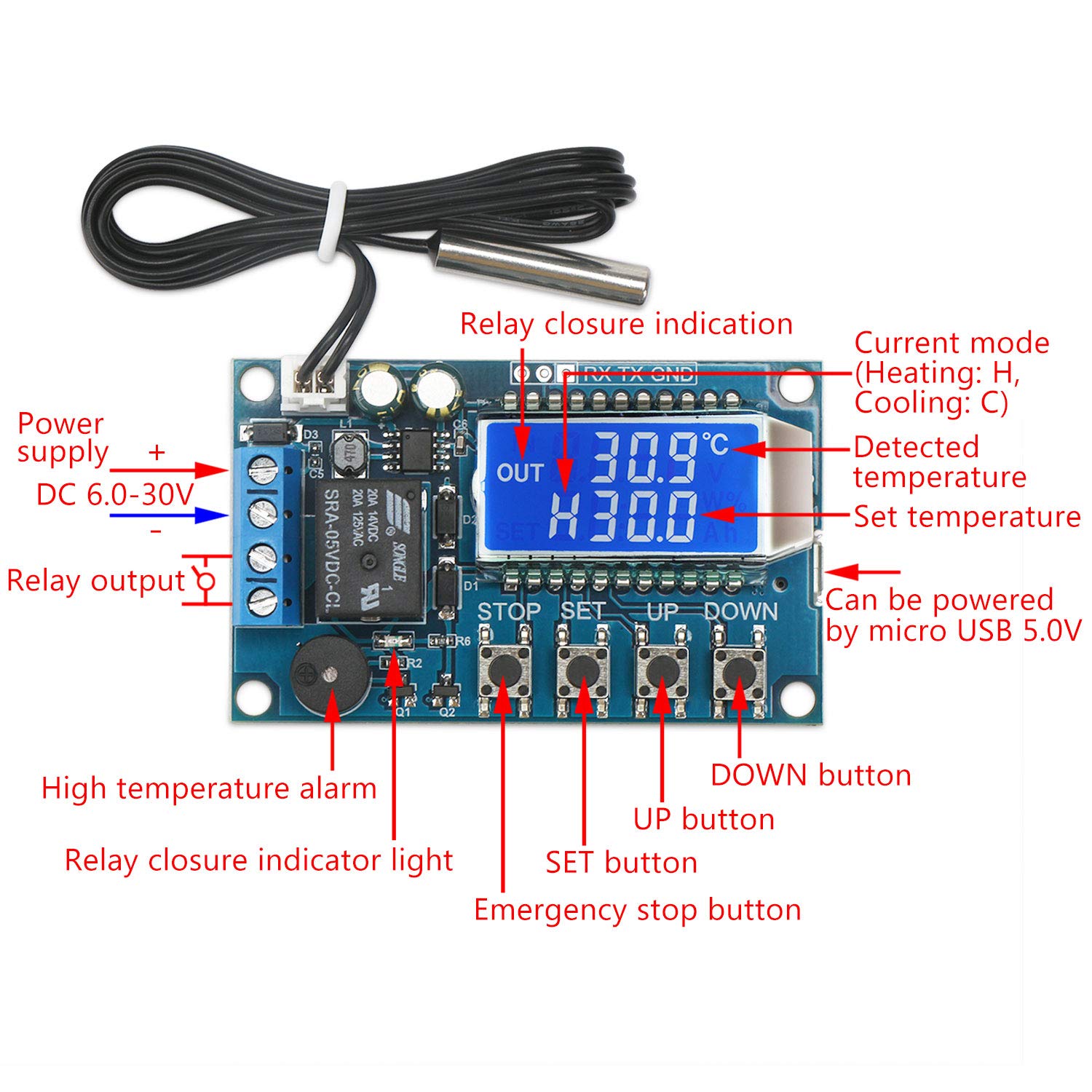 DROK DROK Electronic Thermostat Controller DC 6-30V Digital Temperature Control Board High Accuracy LCD Micro Temp Control Switch Module - View 2 of 7