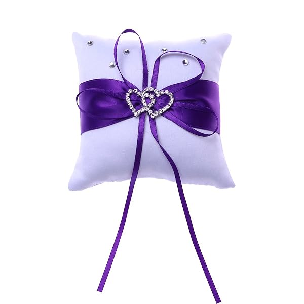 VOSAREA Purple Wedding Ring Pillow - 4x4 Inch Double Heart Bridal Ring Bearer Cushion & Accessories