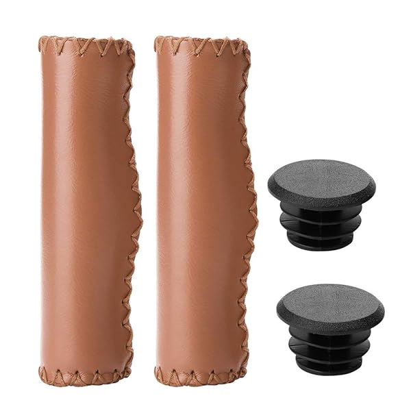 Premium White Leather Handlebar Grips with Brown Nonslip PU for Mountain Bicycles - 1 Pair Available in Black, Red, Blue