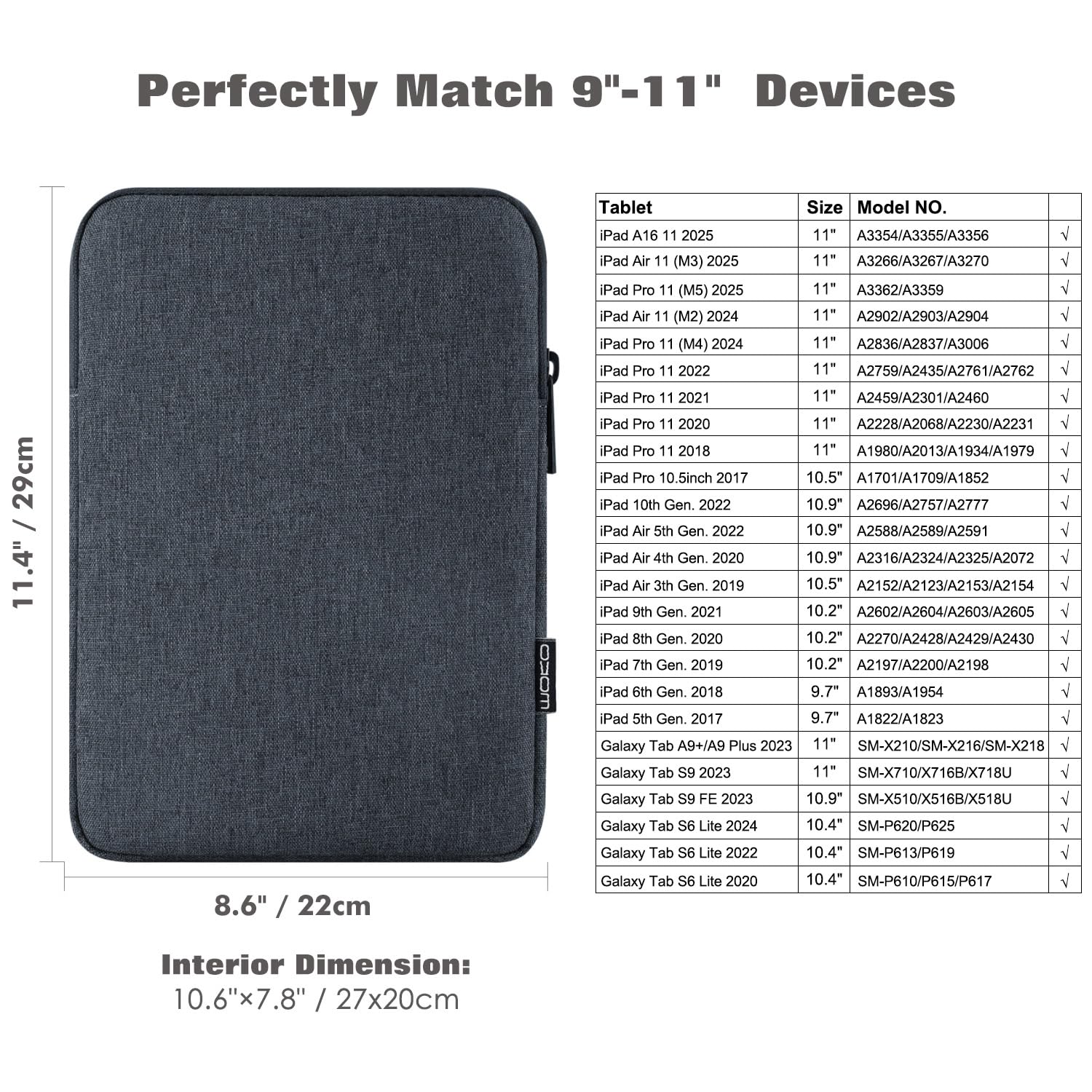 MoKo MoKo 9-11 Inch Tablet Sleeve Bag Case for 11inch iPad Air M3 iPad Pro 11 M4 Air 5 4 3 iPad 10 9 8 Gen Tab S8 S9 Space Gray - View 2 of 8