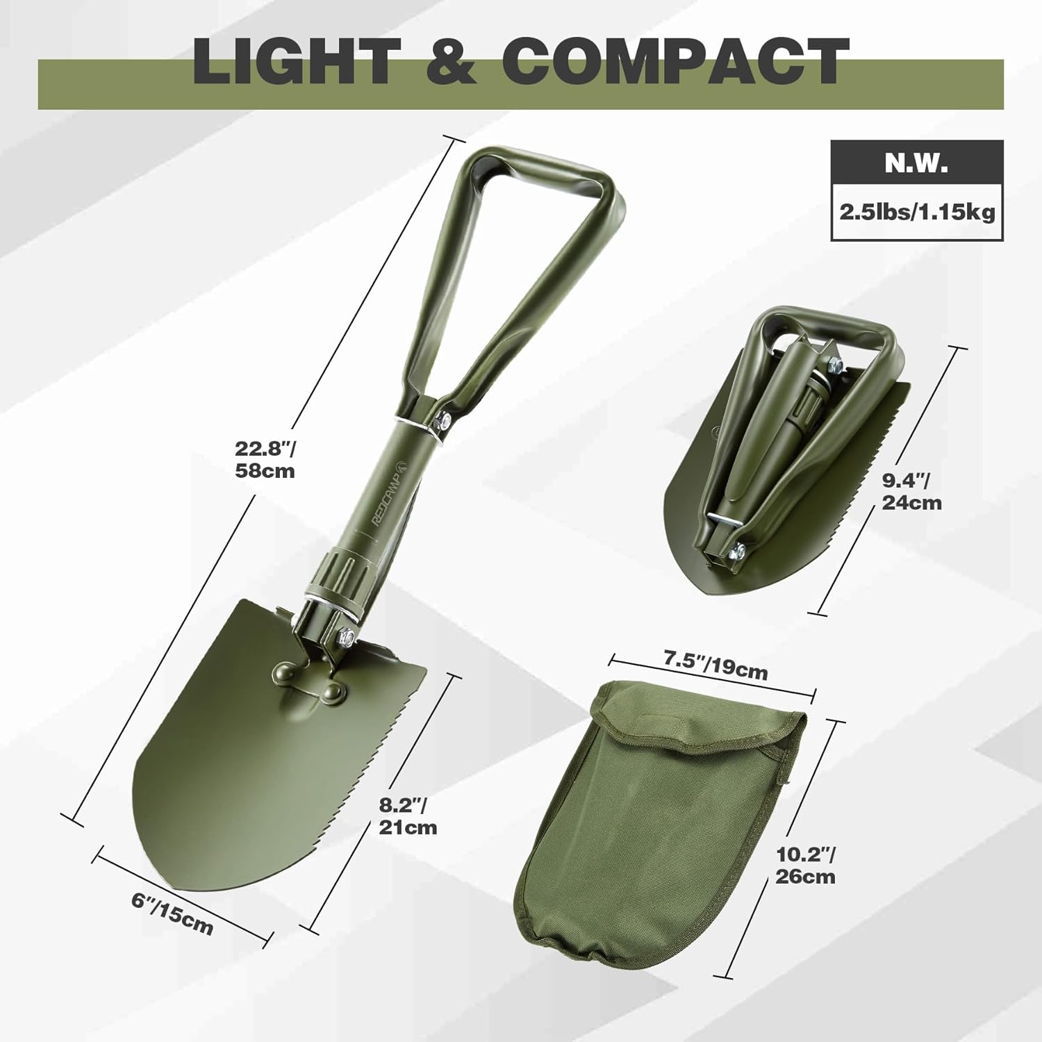 REDCAMP REDCAMP 23 Inch Military Folding Camping Shovel Portable High Manganese Steel Tactical Tool for Hiking Sand Mud Snow Beach Green 2.5Lbs - View 2 of 9