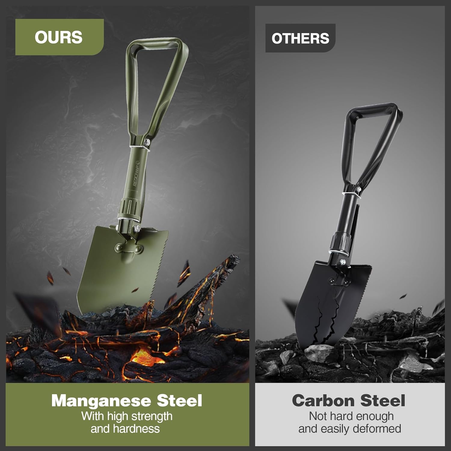 REDCAMP REDCAMP 23 Inch Military Folding Camping Shovel Portable High Manganese Steel Tactical Tool for Hiking Sand Mud Snow Beach Green 2.5Lbs - View 3 of 9