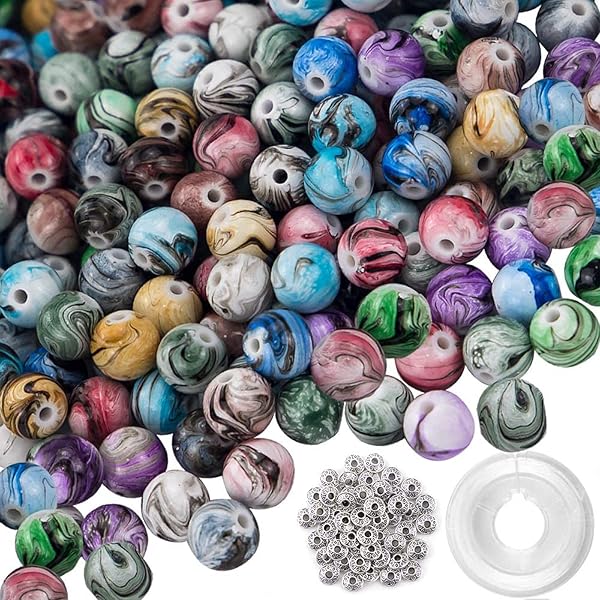 QUEFE Quefe 500pcs Craft Beads for Jewelry Making: Ink Pattern Acrylic Beads & Spacer Beads for Bracelets - View 2 of 7