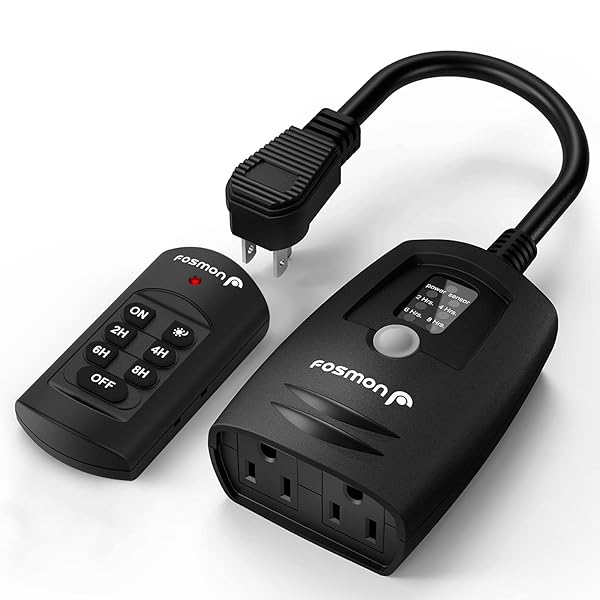 Fosmon Fosmon Outdoor Timer with Remote Control: Waterproof Dusk to Dawn Plug-in for Lighting, 100 ft Range, 15A UL Listed
