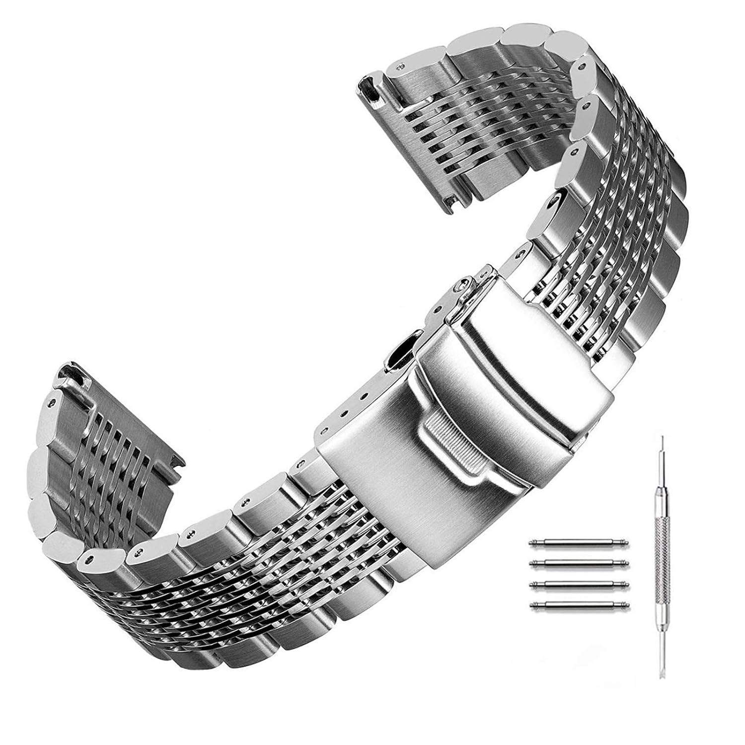 Kaixuan Stainless Steel Mesh Double Locking Watch Band Strap with Deployment Clasp 20mm to 24mm
