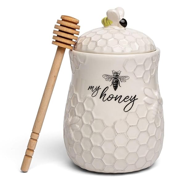 Young's Inc Young's Inc. Ceramic Honey Jar & Wooden Dipper - Charming Farmhouse Kitchen Decor & Tea Accessory