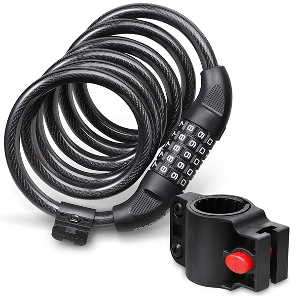 Fosmon 6ft Bike Lock Cable - Heavy Duty 5-Digit Resettable Combination Security Lock with Mount Holder