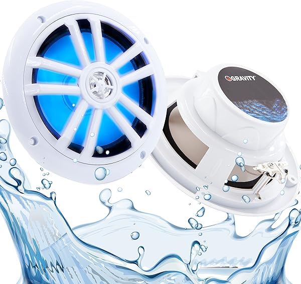 Gravity Professional Gravity Marine Speakers 6.5 Inch Waterproof Outdoor Audio System with LED Lights 350 Watt Power Low Profile Slim Style 1 Pair MG680 White