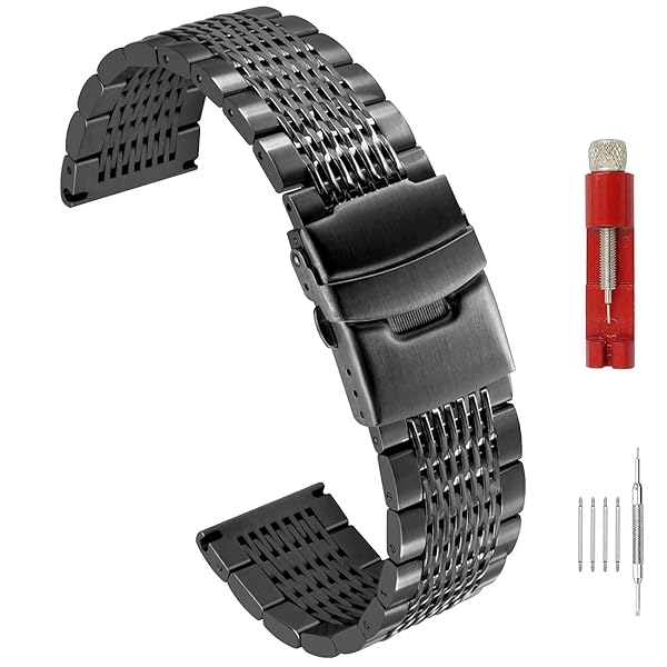 SINAIKE Matte Finish Brushed 20mm Black Stainless Steel Mesh Watch Band for Men and Women with Fold-Over Clasp - View 2 of 8