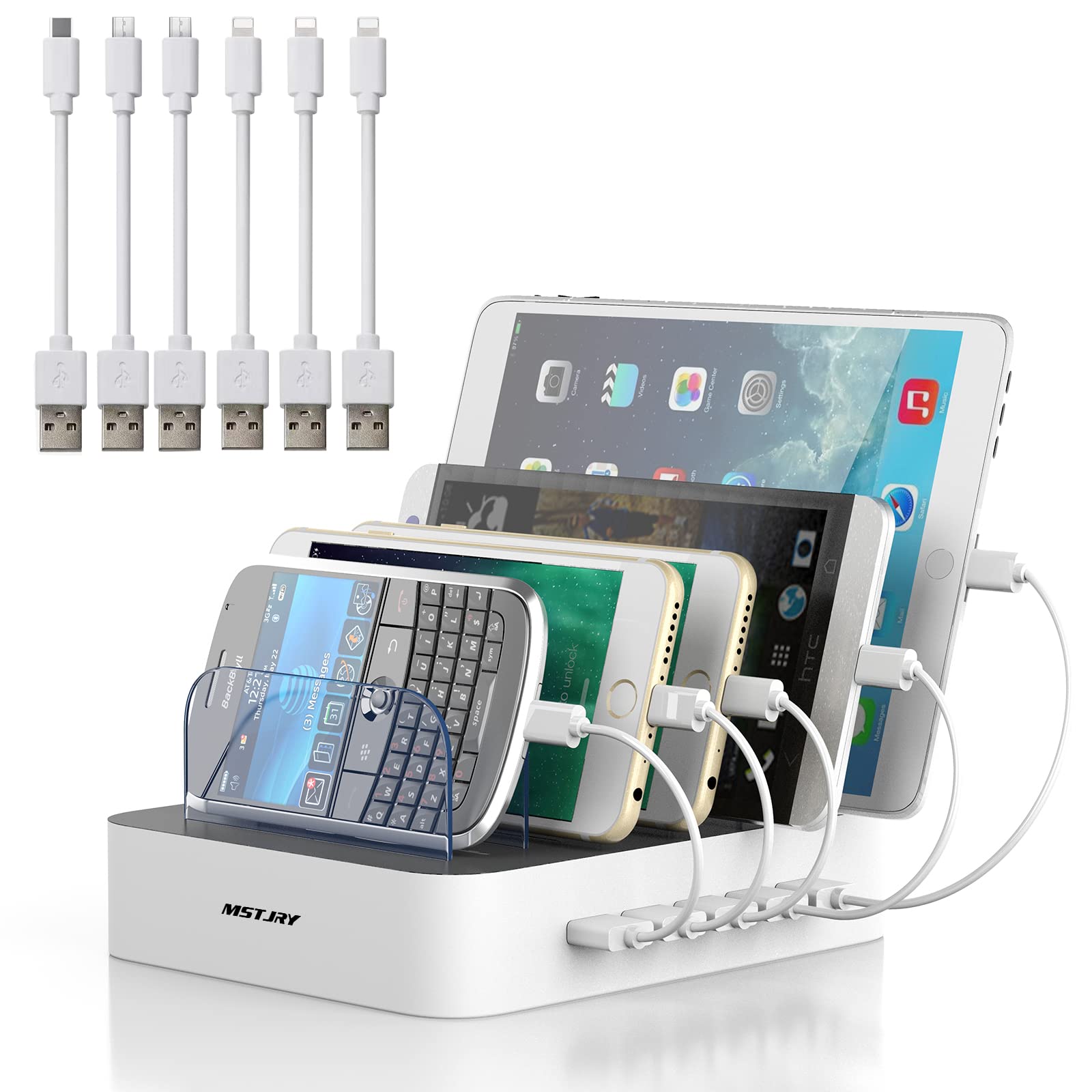 MSTJRY 5-Port MSTJRY USB-A Charging Station for iPhone, iPad & Tablets - Includes 6 Short Cables & Power Switch