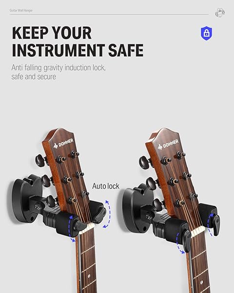 Donner Donner Guitar Wall Mount Locking 3-Pack: Secure Hangers for Acoustic, Electric, Bass & Mandolin - Black - View 4 of 8