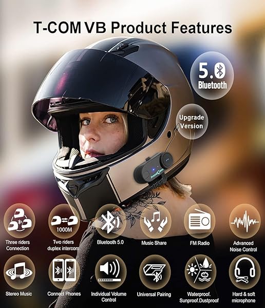FreedConn TCOM VB Bluetooth Motorcycle Helmet Headset: 800M Intercom, Music Sharing, Waterproof, FM/Siri, 2-in-1 Mic for 3/4 Helmets - View 3 of 10