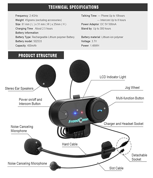 FreedConn TCOM VB Bluetooth Motorcycle Helmet Headset: 800M Intercom, Music Sharing, Waterproof, FM/Siri, 2-in-1 Mic for 3/4 Helmets - View 10 of 10