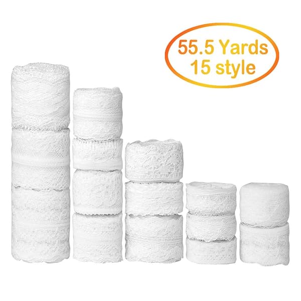 FEPITO FEPITO 55.5 Yards White Lace Trim Ribbon 15 Rolls Assorted Patterns for Sewing DIY Bridal Wedding Decorations - View 2 of 7