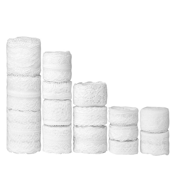 FEPITO FEPITO 55.5 Yards White Lace Trim Ribbon 15 Rolls Assorted Patterns for Sewing DIY Bridal Wedding Decorations