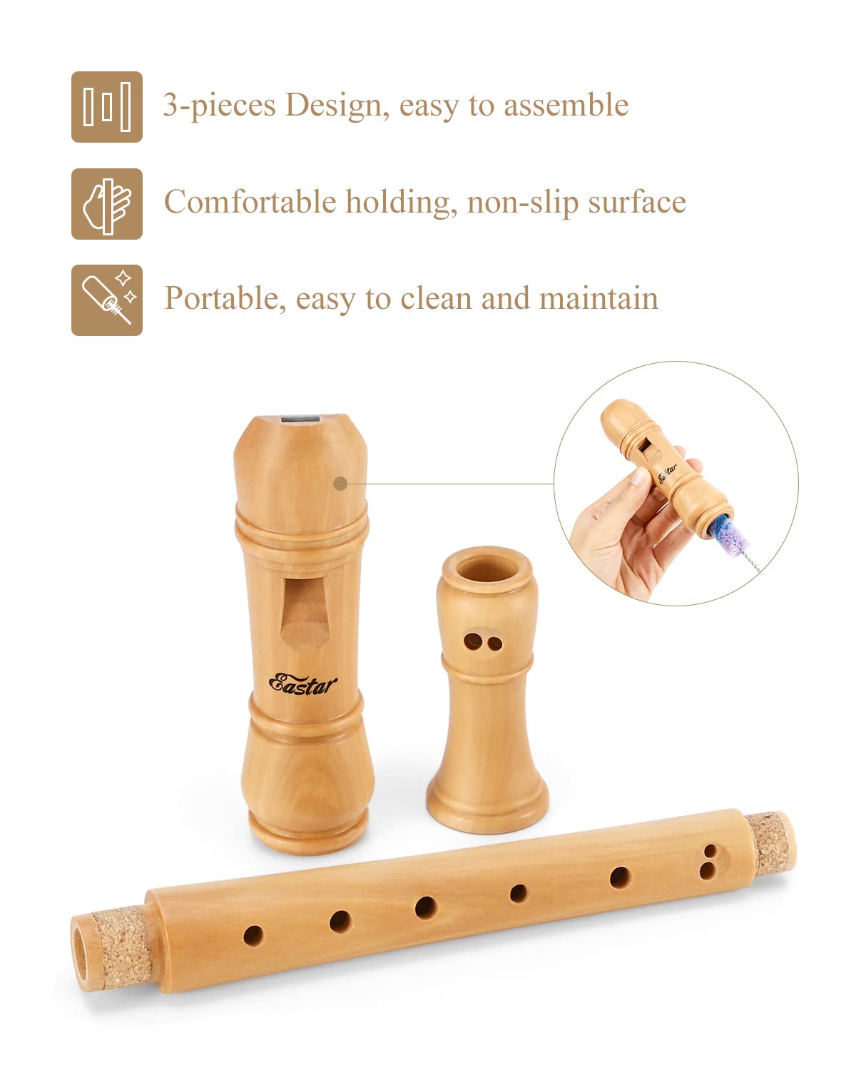 Eastar Eastar Soprano Recorder for Kids and Adults Beginners C Key Maple Wood 3 Piece Set with Hard Case Fingering Chart and Cleaning Kit ERS-31BM - View 5 of 7
