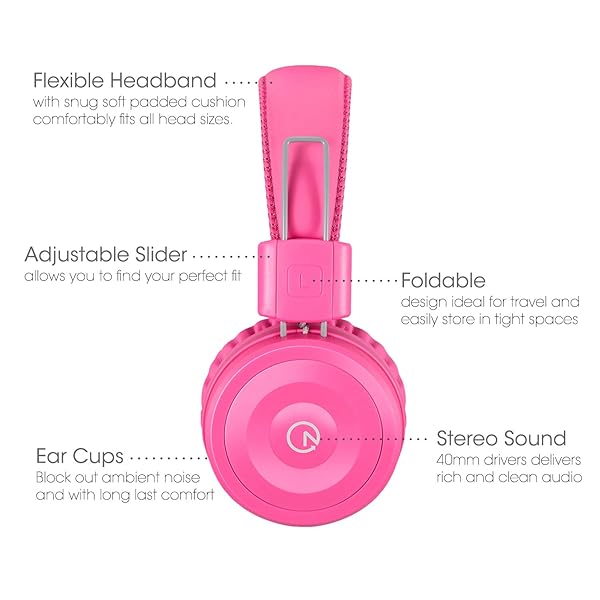 noot products Kids Headphones K22: Foldable Stereo, Tangle-Free, 5ft Cord - Perfect for iPad, Kindle, School & Travel - Flamingo Pink - View 3 of 6