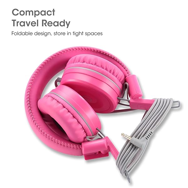 noot products Kids Headphones K22: Foldable Stereo, Tangle-Free, 5ft Cord - Perfect for iPad, Kindle, School & Travel - Flamingo Pink - View 4 of 6