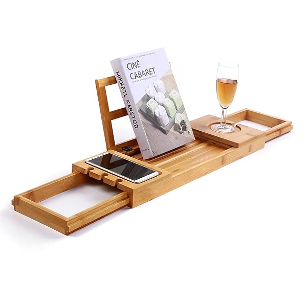 Utoplike Utoplike Bamboo Bathtub Caddy Tray: Adjustable Organizer for Books, Wine, and Towels