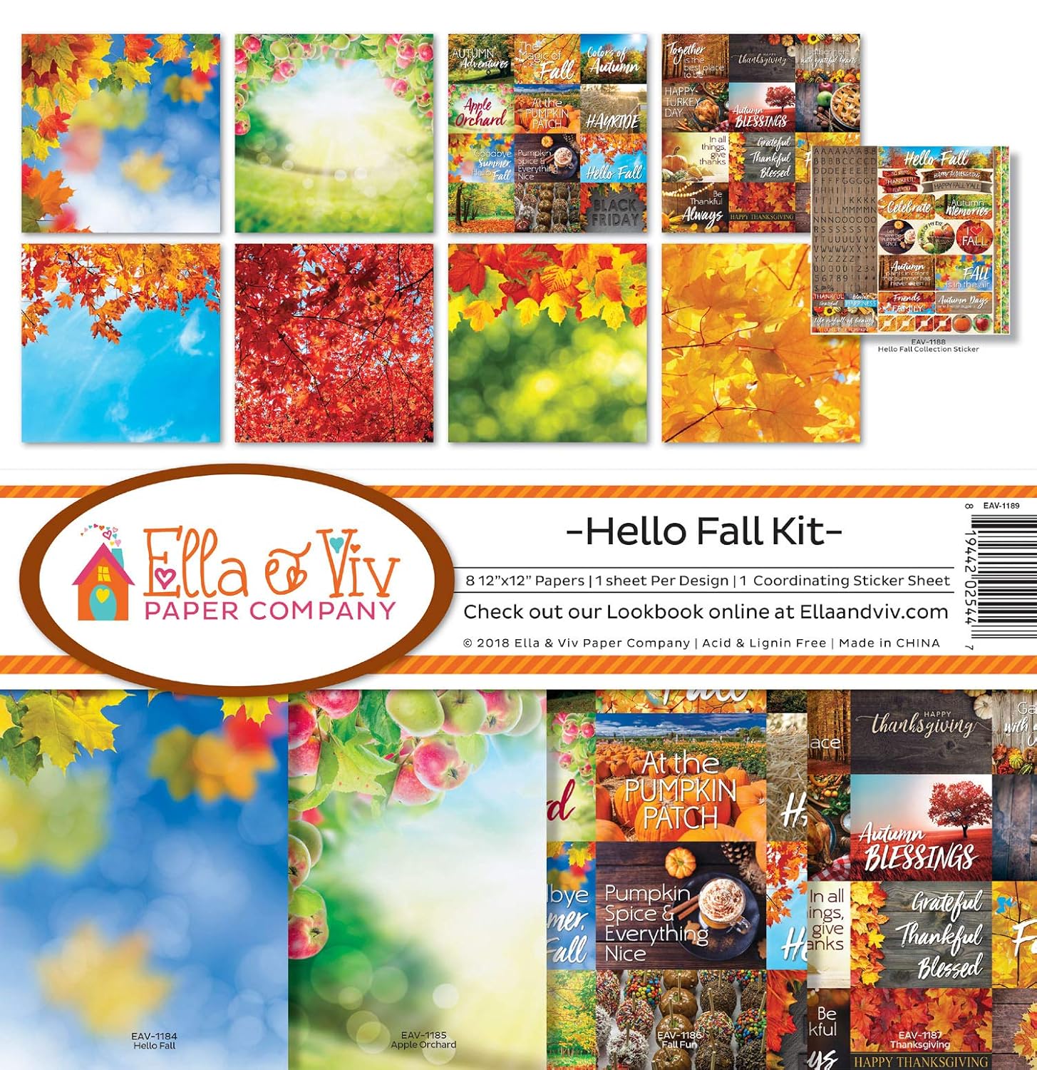 Ella & Viv by Reminisce Ella & Viv Hello Fall Scrapbook Collection Kit Multi Color Palette 12x12 Inches for Creative Projects