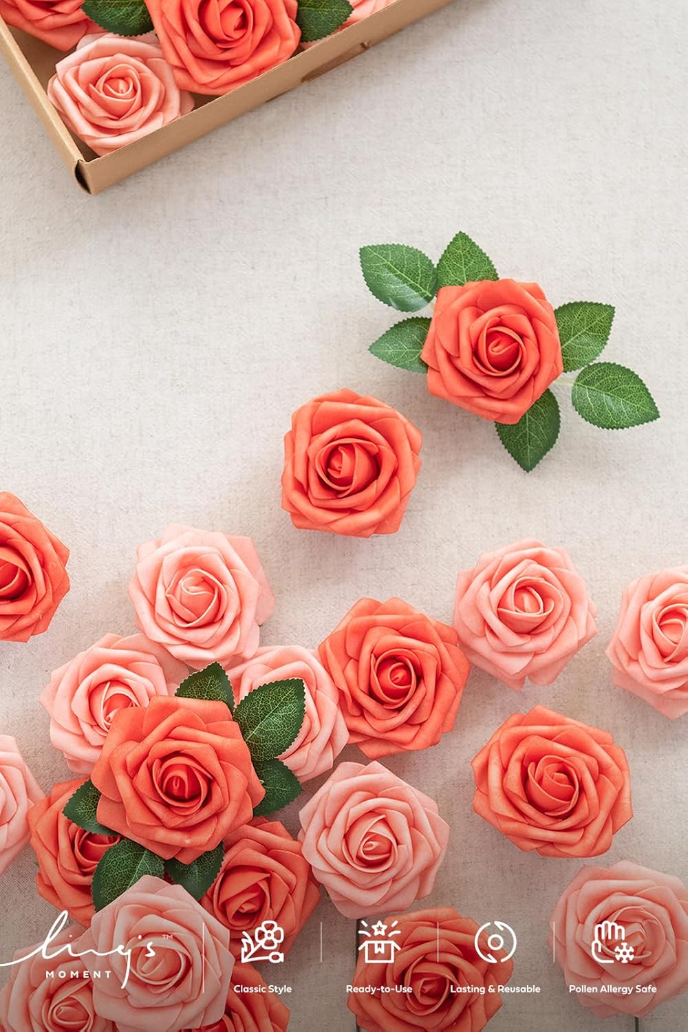 Ling's moment Ling's Moment 25Pcs Deep Coral Roses Real Touch Foam Flowers for Wedding Bouquets Centerpieces and Home Decor - View 2 of 9