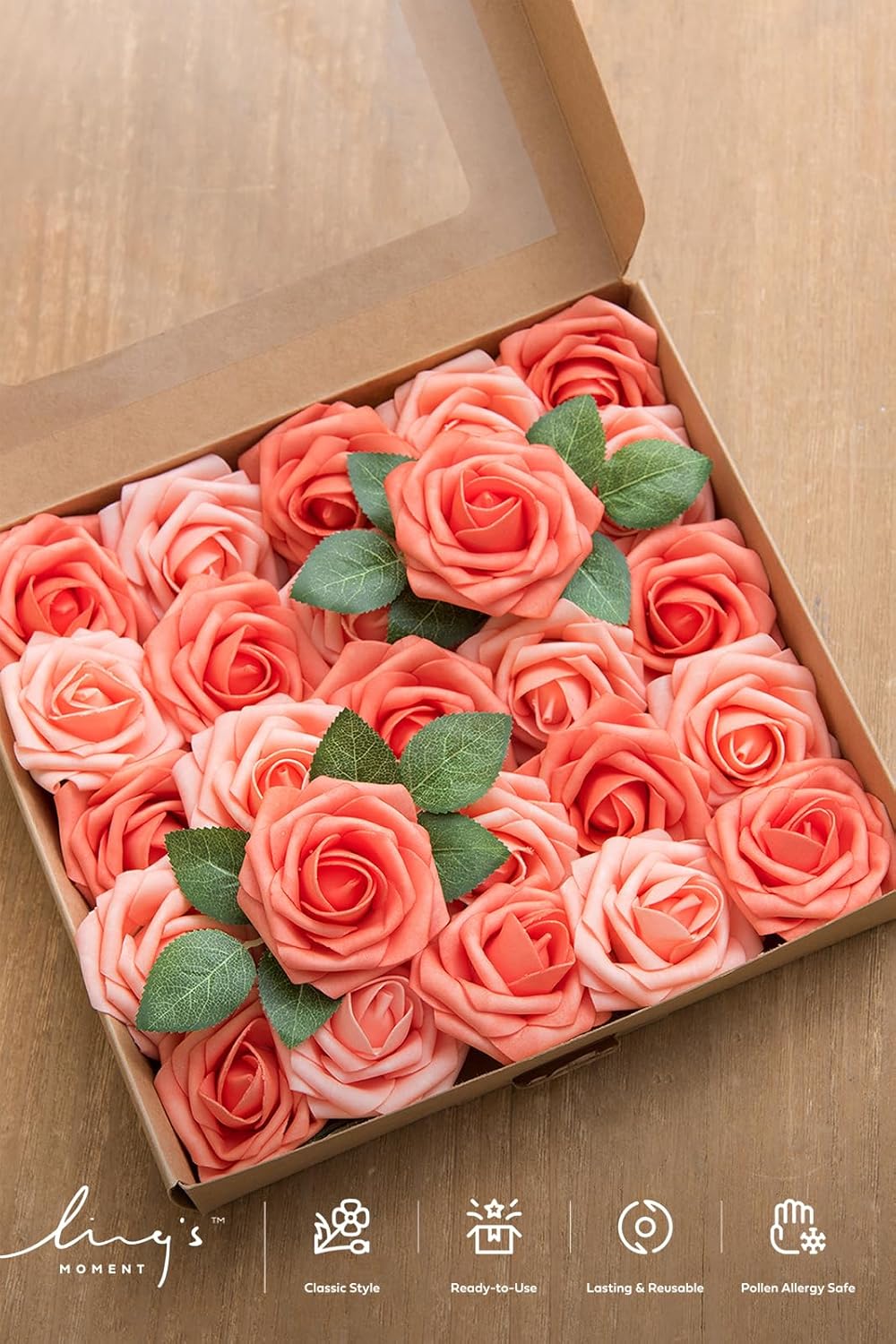 Ling's moment Ling's Moment 25Pcs Deep Coral Roses Real Touch Foam Flowers for Wedding Bouquets Centerpieces and Home Decor - View 7 of 9