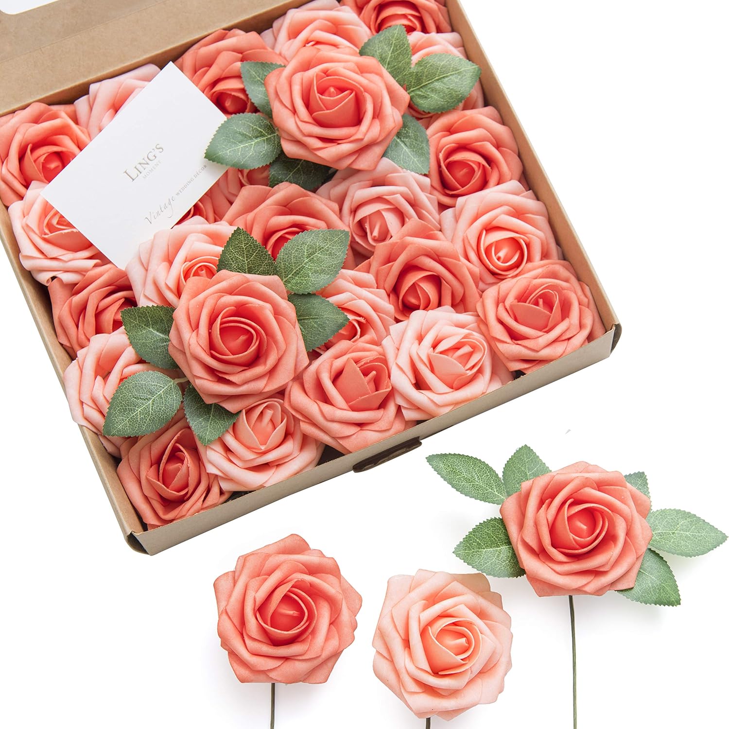 Ling's Moment 25Pcs Deep Coral Roses Real Touch Foam Flowers for Wedding Bouquets Centerpieces and Home Decor