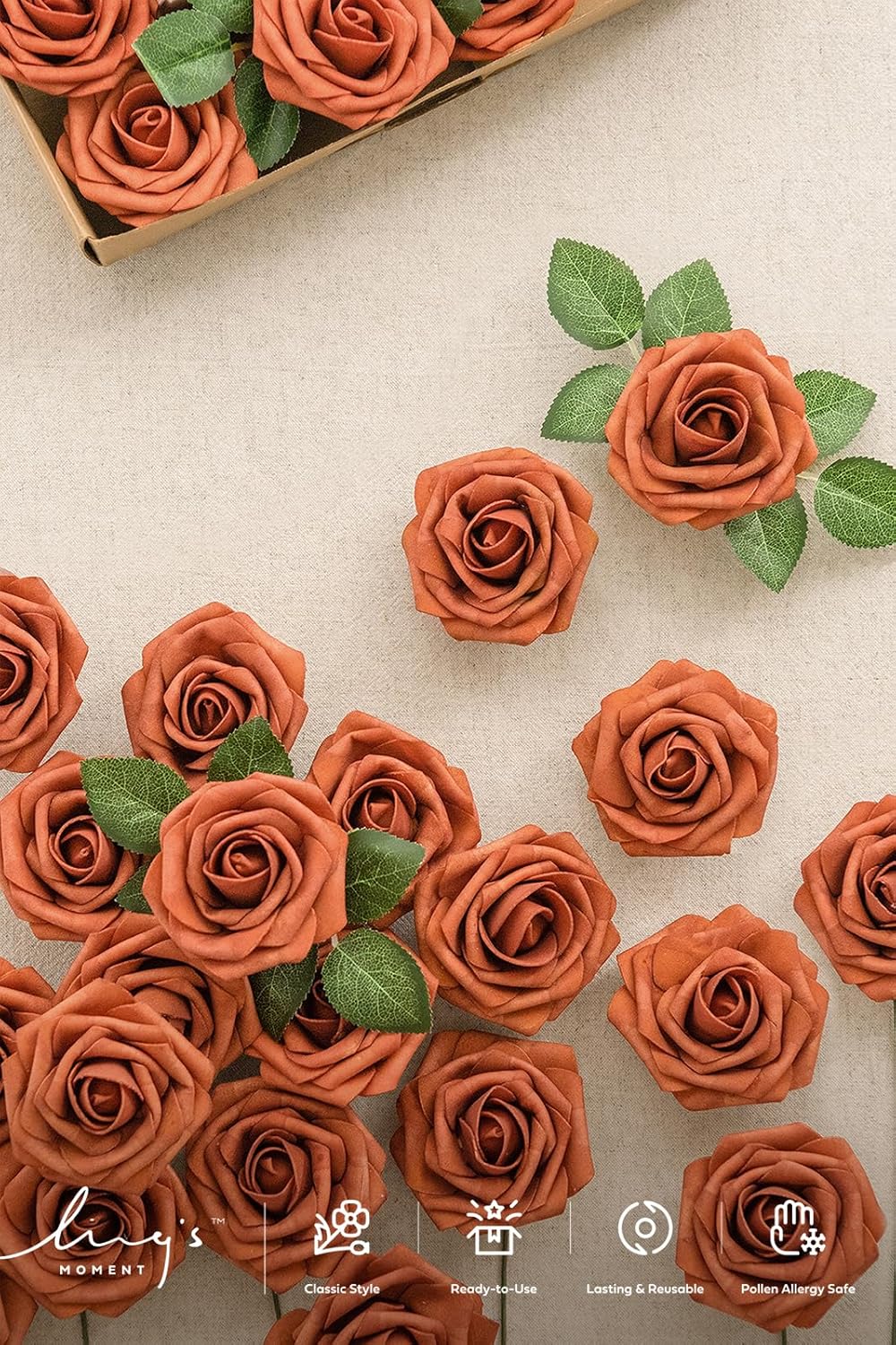 Ling's moment Ling's Moment 25Pcs Burnt Orange Roses Real Touch Foam Flowers for Wedding Bouquets Centerpieces and Home Decor - View 5 of 9