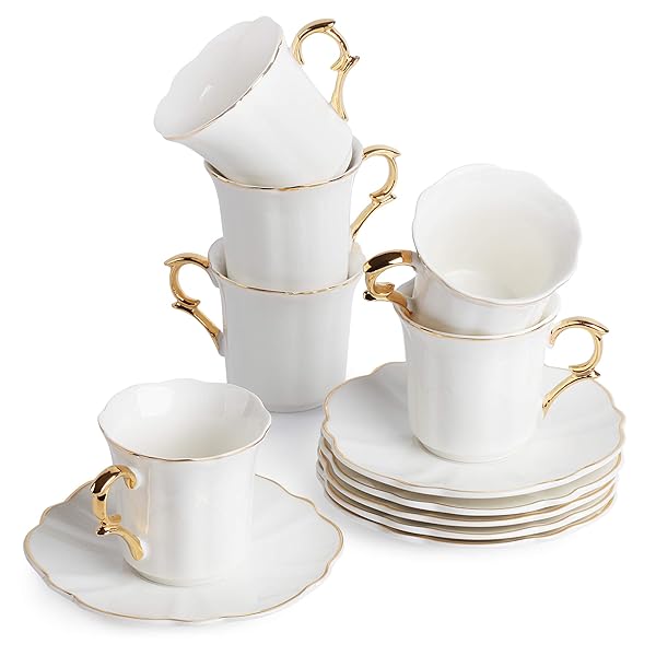 Brew To A Tea BTaT Espresso Cups & Saucers Set of 6 - Gold Trim Porcelain Demitasse Cups in Gift Box