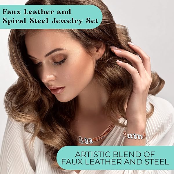 SHOP LC DELIVERING JOY SHOP LC Costume Jewelry for Women Boho Necklaces and Leather Bracelets 16 inch and 7 inch Faux Leather Choker Jewelry Sets Birthday Gifts Brown - View 4 of 9