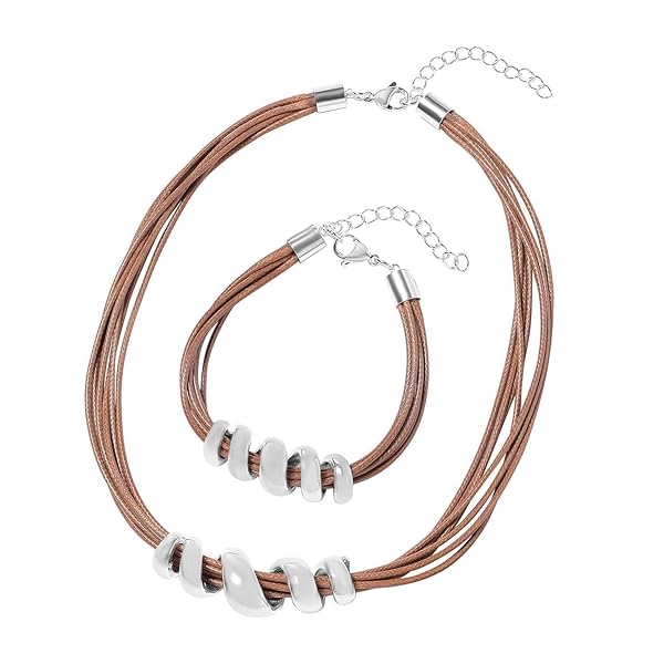 SHOP LC DELIVERING JOY SHOP LC Costume Jewelry for Women Boho Necklaces and Leather Bracelets 16 inch and 7 inch Faux Leather Choker Jewelry Sets Birthday Gifts Brown