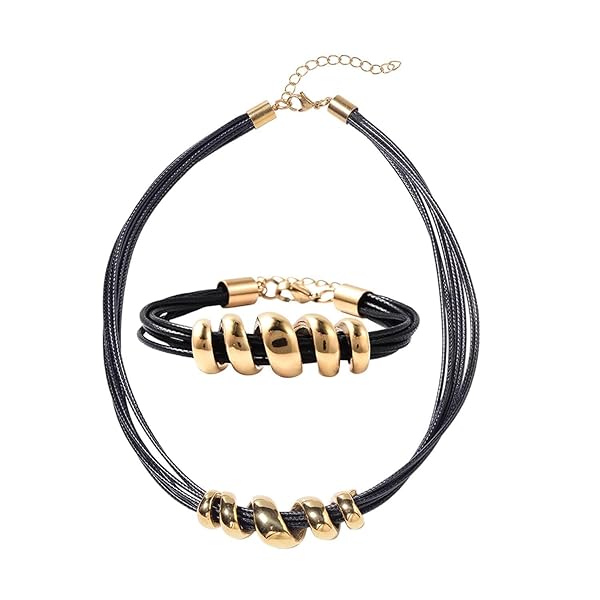 SHOP LC DELIVERING JOY Shop LC Leather Western Jewelry for Women Black Choker Necklace and Cuff Bracelet Faux Cord Charm Birthday Gifts