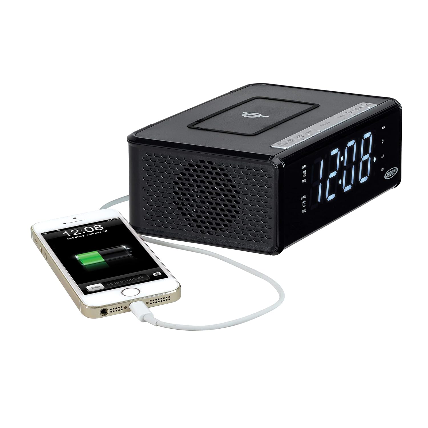 Jensen Jensen QiCR-200 Dual Alarm Clock Radio with Qi Charging White Compact Design for Easy Use - View 4 of 7