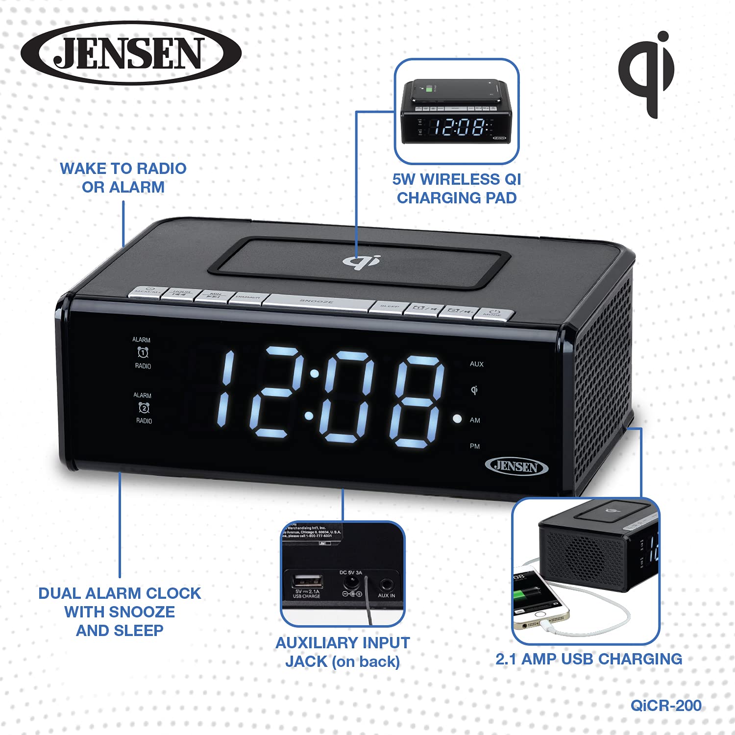 Jensen Jensen QiCR-200 Dual Alarm Clock Radio with Qi Charging White Compact Design for Easy Use - View 6 of 7